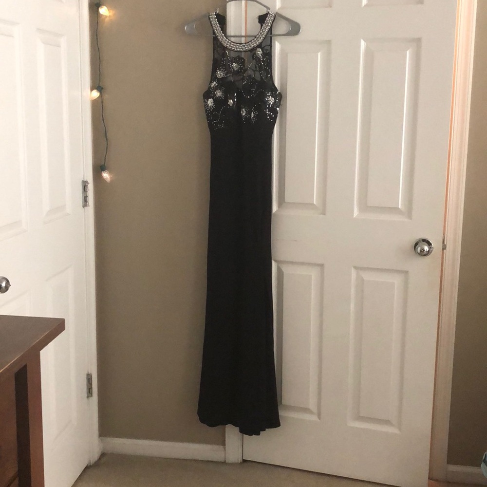 Black, long prom dress with sequined top